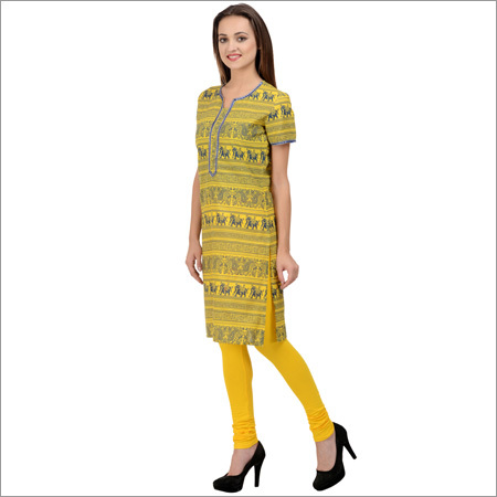 Yellow Cotton Printed Kurti