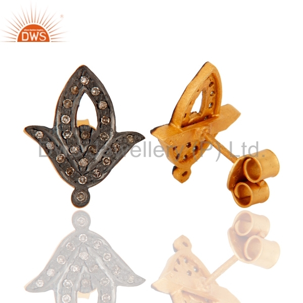 Leaf Designer Pave Diamond Stud Earrings - 925 Sterling Silver, 8-10mm, Oxidized Finish, Elegant Design