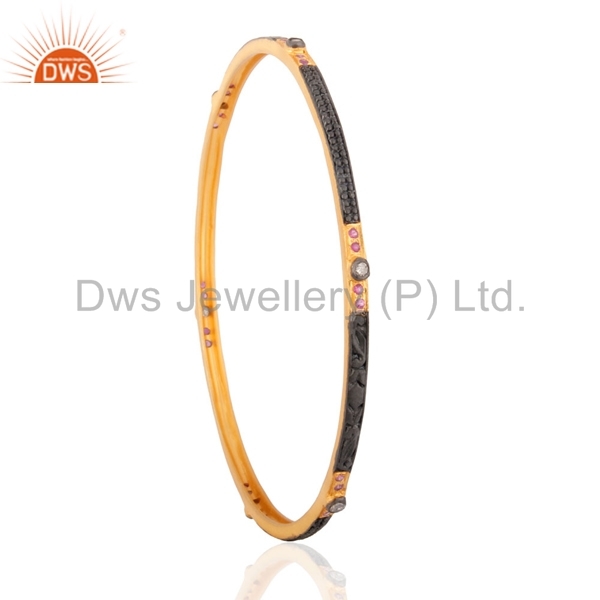 Round Brilliant Cut Designer Gold Plated Ruby Natural Diamond Bangle
