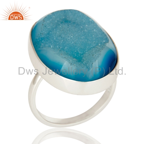 Blue Druzy Sterling Silver Ring - Oval Bezel Setting, Blue Druzy Stone, Elegant Design