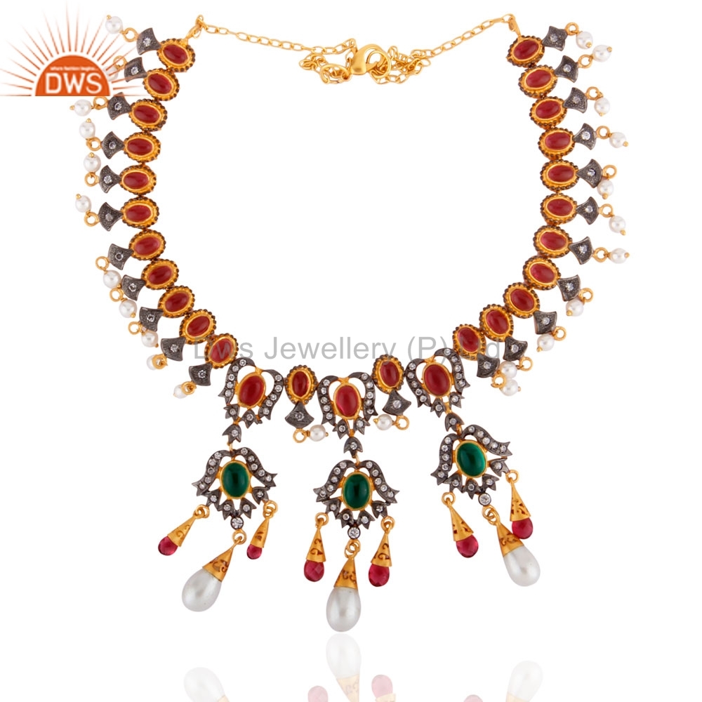 Ruby Glass Pearl Rhinestone 18k Gold Plated Nacklace