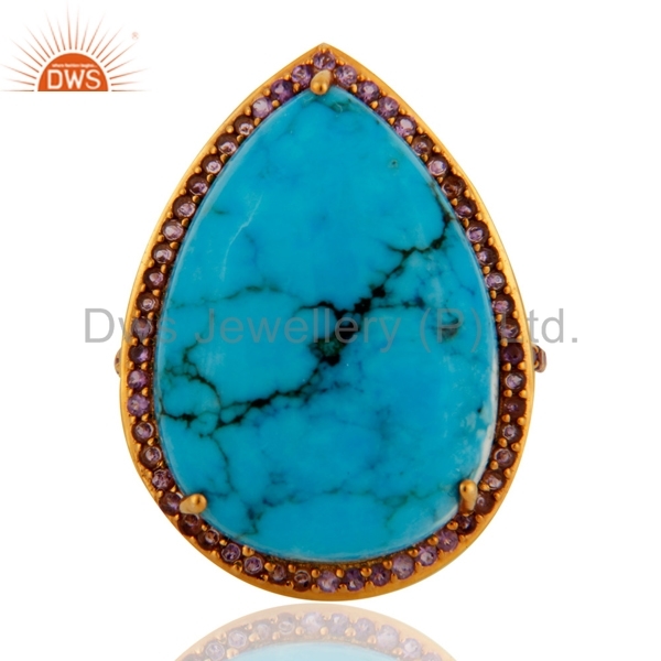 9k Solid Yellow Gold Turquoise & Amethyst Ring - 9k Gold, Variable Size, Yellow | Elegant Design, Gemstone Accents, Fine Craftsmanship