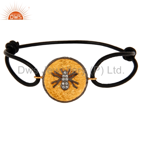 Real Leather Gold Plated White Zircon Bracelet