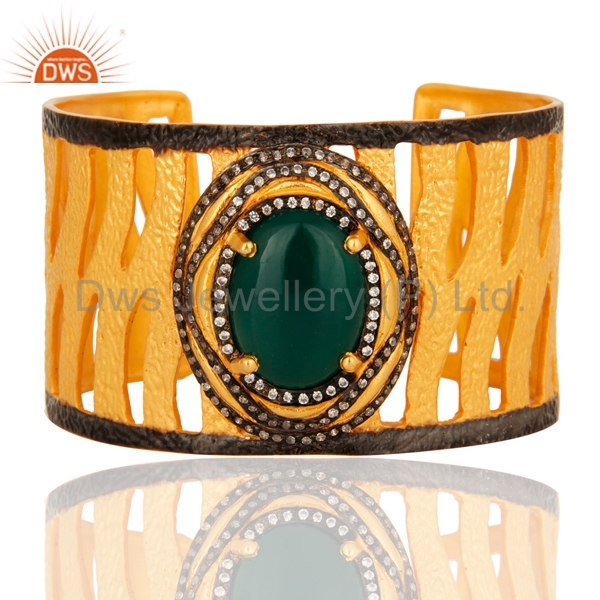 Gold Plated Cuff Bracelet - Elegant Women's Fashion Jewelry With Onyx And Zircon Accents | Perfect For Anniversary, Engagement, Gift, Party, And Wedding Occasions