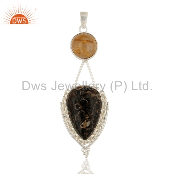 Rutilated Quartz & Turritella Agate Sterling Silver Pendant