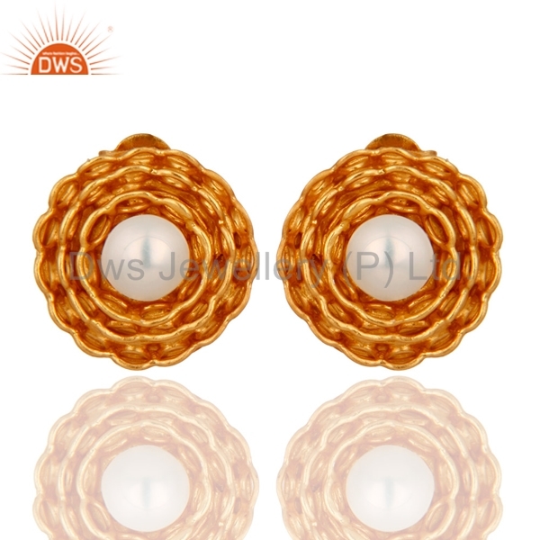 White Pearl Sterling Silver Gold Plated Earring