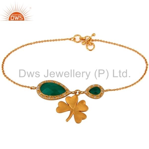 18k Gold Vermeil Sterling Silver Green Onyx Flower Charm Bracelets