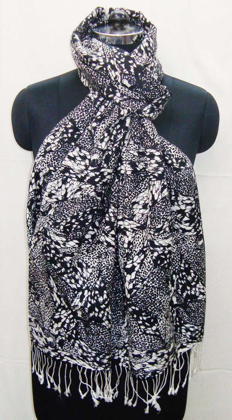 Printed Pashmina Shawls - 50% Silk / 50% Wool, 70x200 Cm Size With 3" Tassels | Hand-silk Screened Animal Prints For Women