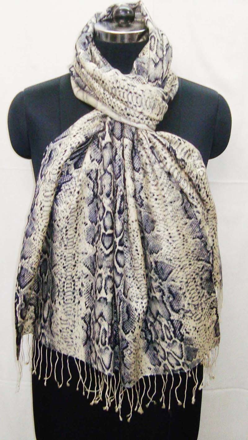 Printed Pashmina Shawls - 50% Silk / 50% Wool, 70x200 Cm Size With 3" Tassels | Hand-silk Screened Animal Prints For Women