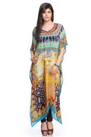 Green And Blue Printed Kaftan
