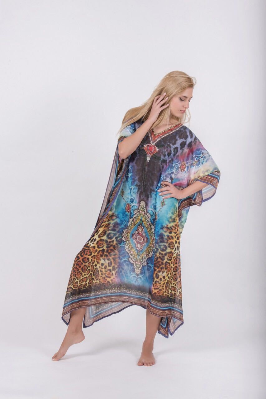 Green And Blue Printed Kaftan