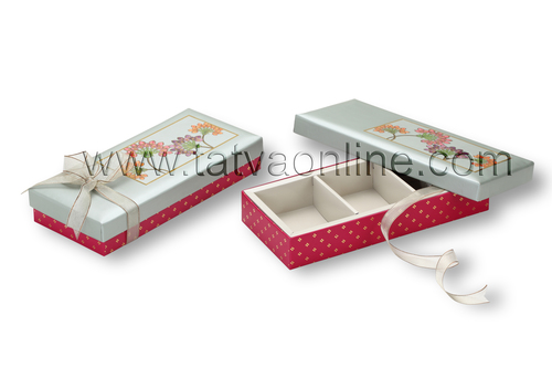 Mithai Gift Boxes - Paper, 2-8 Inch, Leaf Gold Color | Rectangular Design with 3 Partitions for Flexible Gifting of Dry Fruits and Sweets