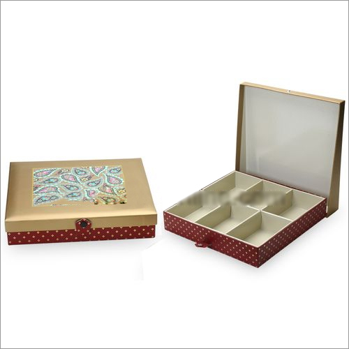Designer Chocolate Packaging Boxes - Rigid Paper, 2-6 Inch Size, Antique Gold Color | Square Shape, 6 Partitions for Dry Fruits, Multi-Use Design