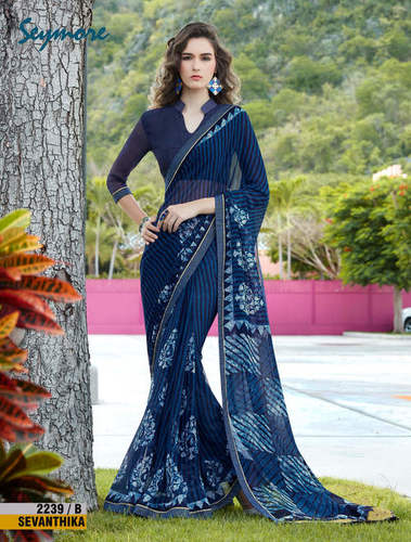 Designer Printed Sari - Georgette Fabric, 5.5 Mtr Saree + 0.80 Mtr Blouse, Fancy Print Border , Bollywood Style with Georgette Blouse Piece