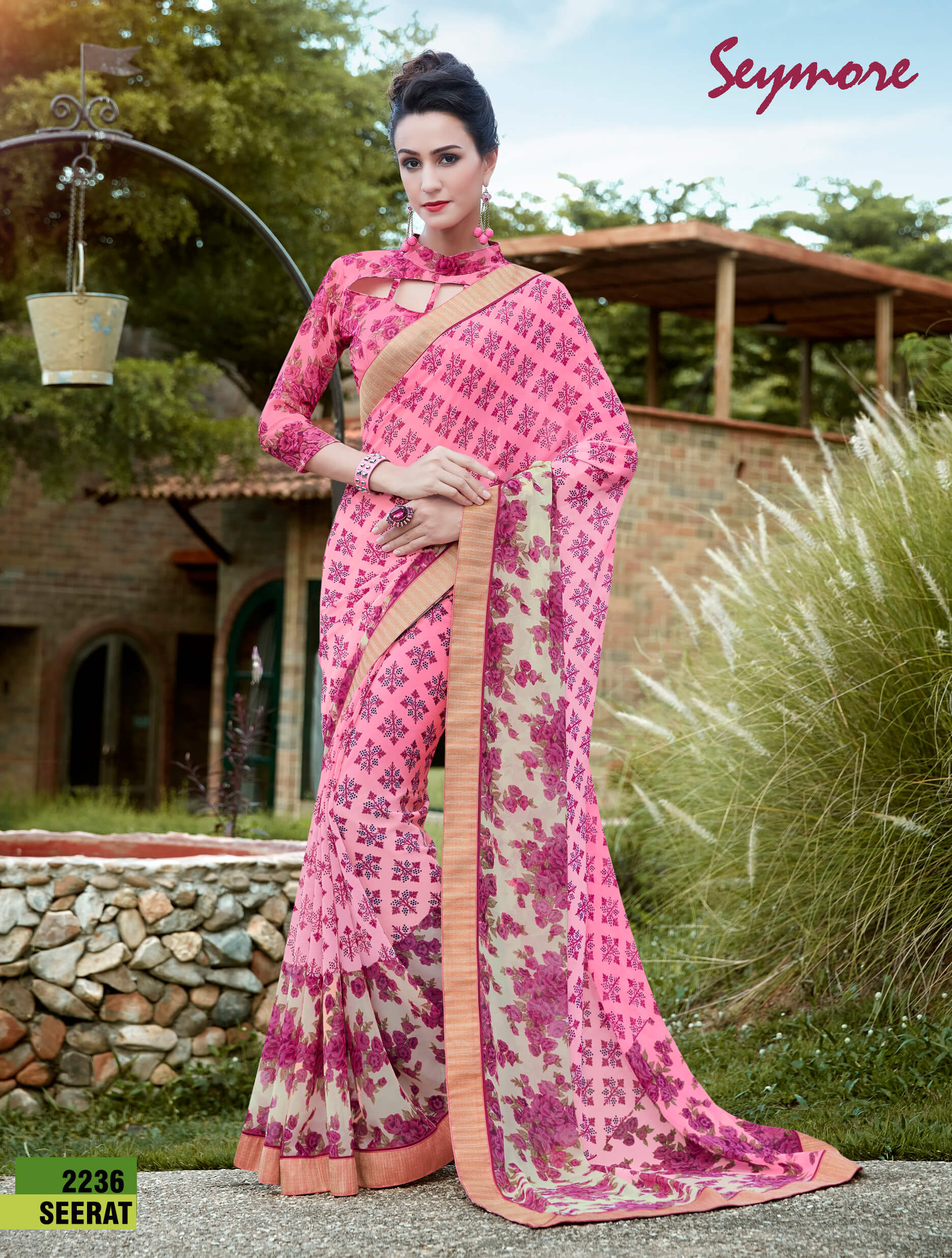 Printed Sari - Georgette Fabric, 5.5 Mtr Length + 0.80 Mtr Blouse Piece , Fancy Print Border Design With Bollywood Style Blouse