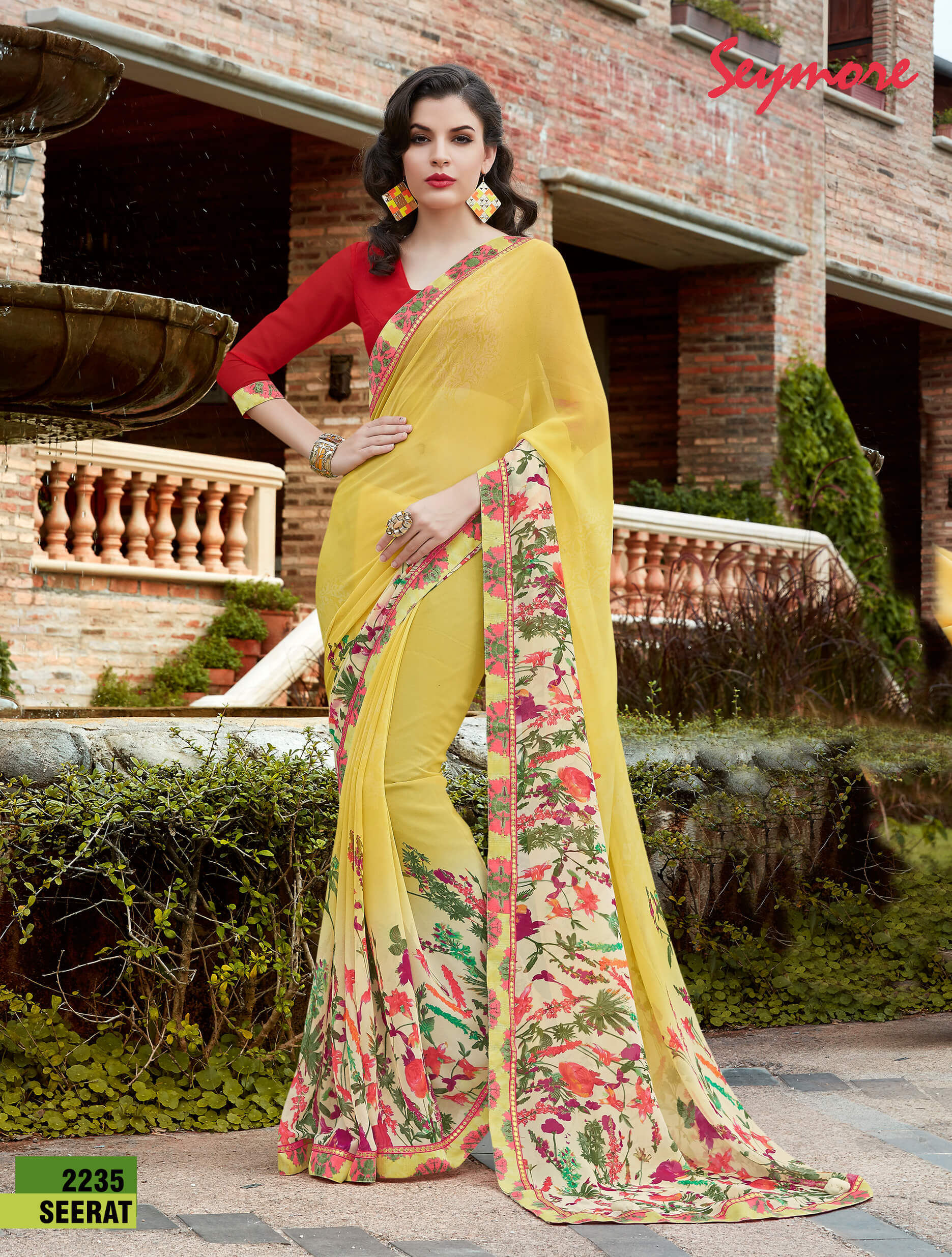 Printed Sari - Georgette Fabric, 5.5 Mtr Length + 0.80 Mtr Blouse Piece , Fancy Print Border Design With Bollywood Style Blouse