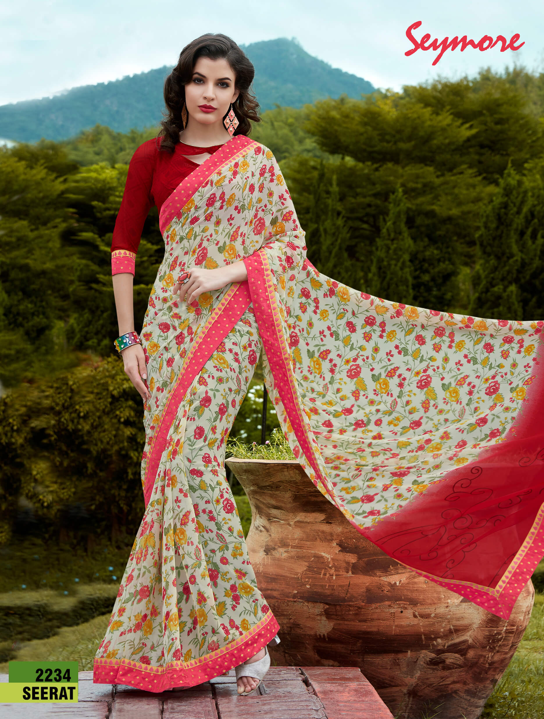 Printed Sari - Georgette Fabric, 5.5 Mtr Length + 0.80 Mtr Blouse Piece , Fancy Print Border Design With Bollywood Style Blouse