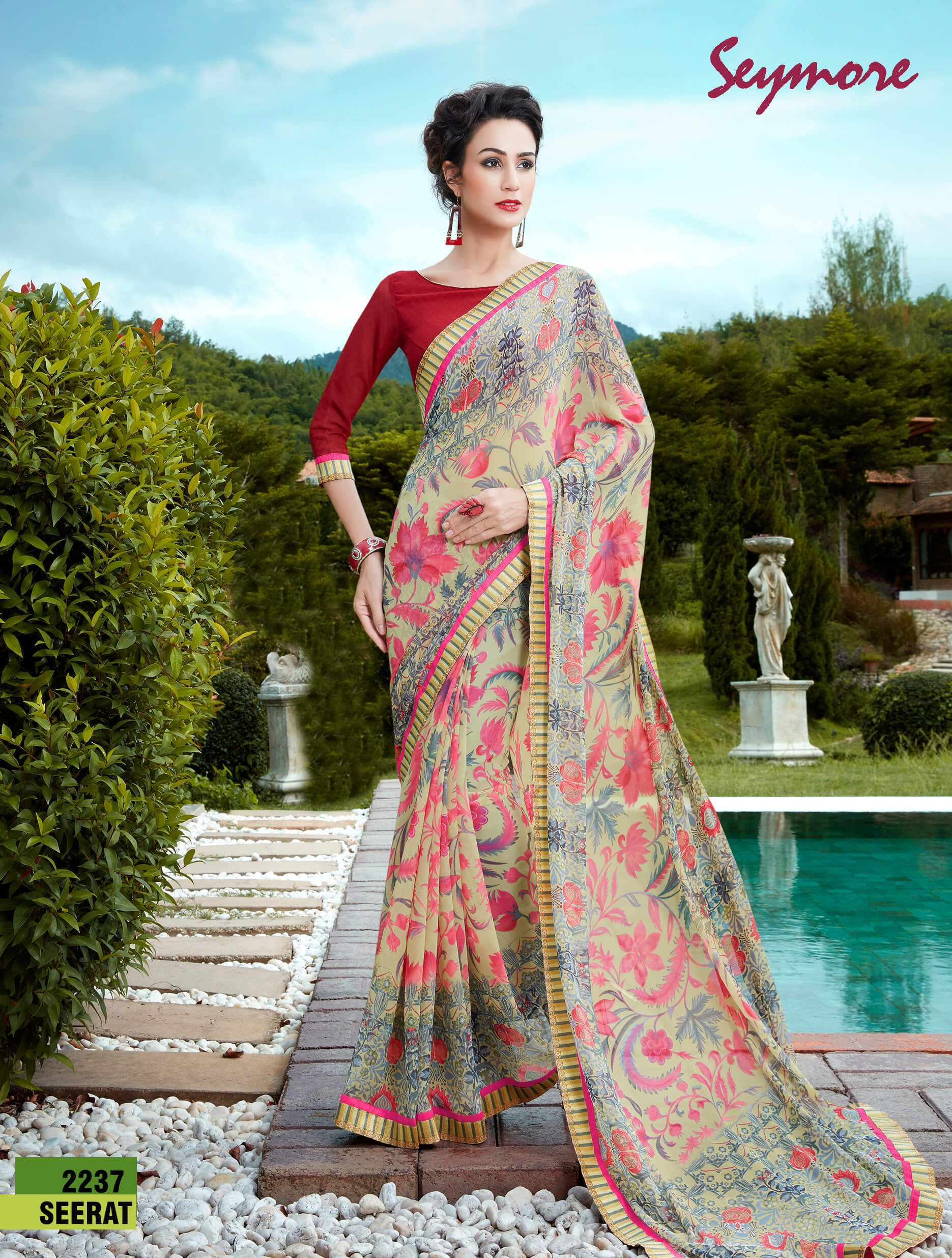 Printed Sari - Georgette Fabric, 5.5 Mtr Length + 0.80 Mtr Blouse Piece , Fancy Print Border Design With Bollywood Style Blouse