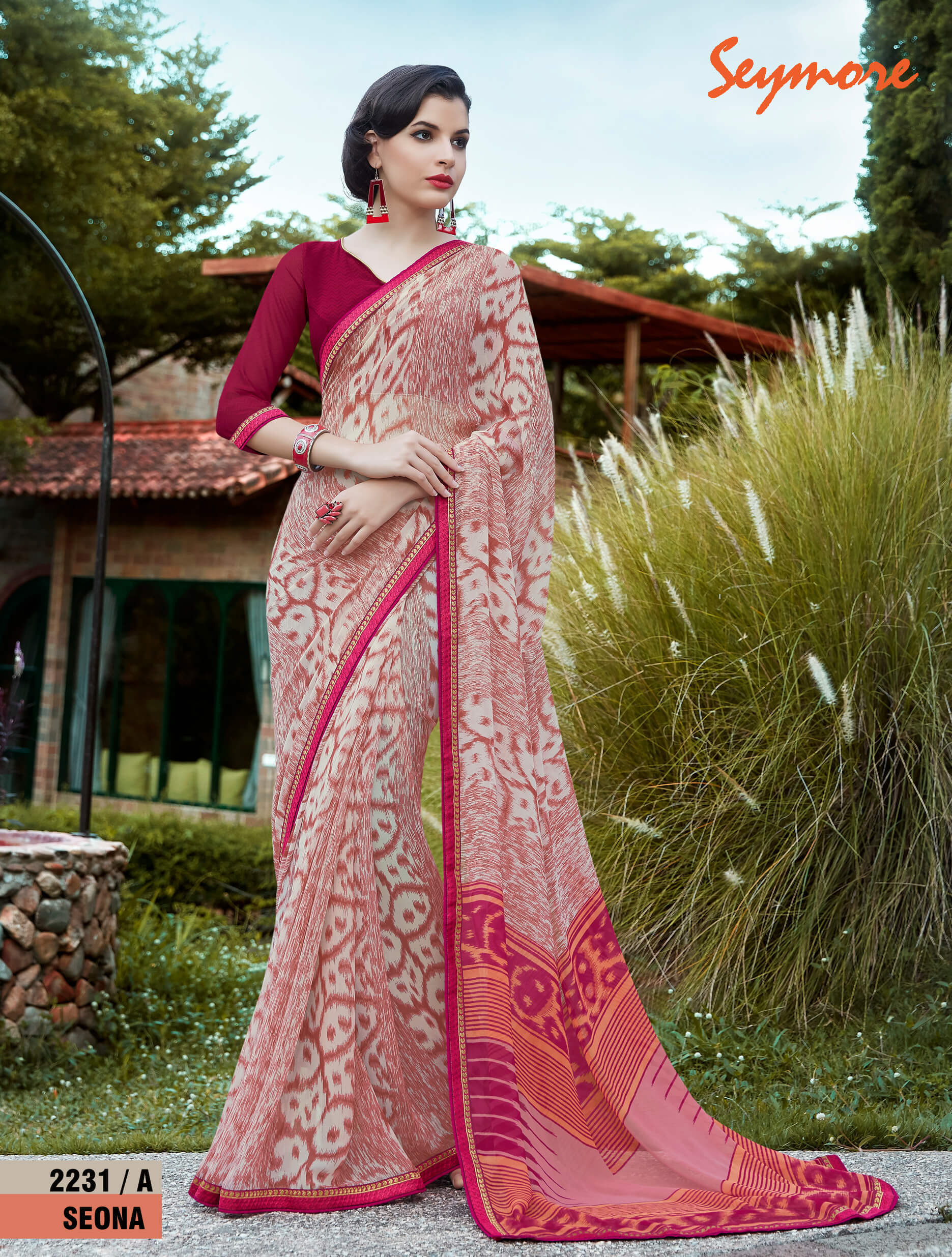 Seymore Georgette Printed Saree - 5.5 Mtr With 0.80 Mtr Blouse Piece, Fancy Print Border, Bollywood Style