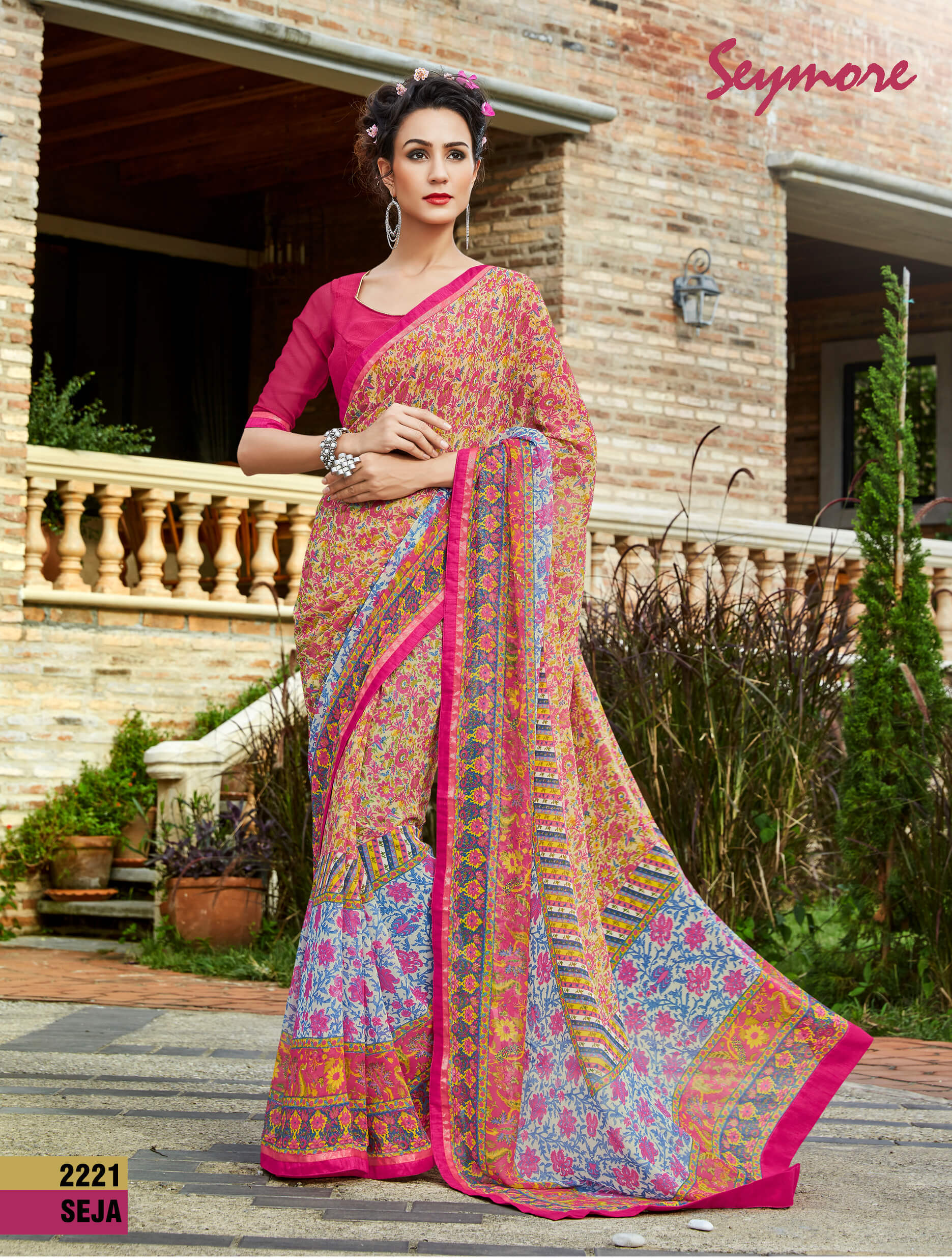 Seymore Georgette Printed Saree - 5.5 Mtr With 0.80 Mtr Blouse Piece, Fancy Print Border And Bollywood Style