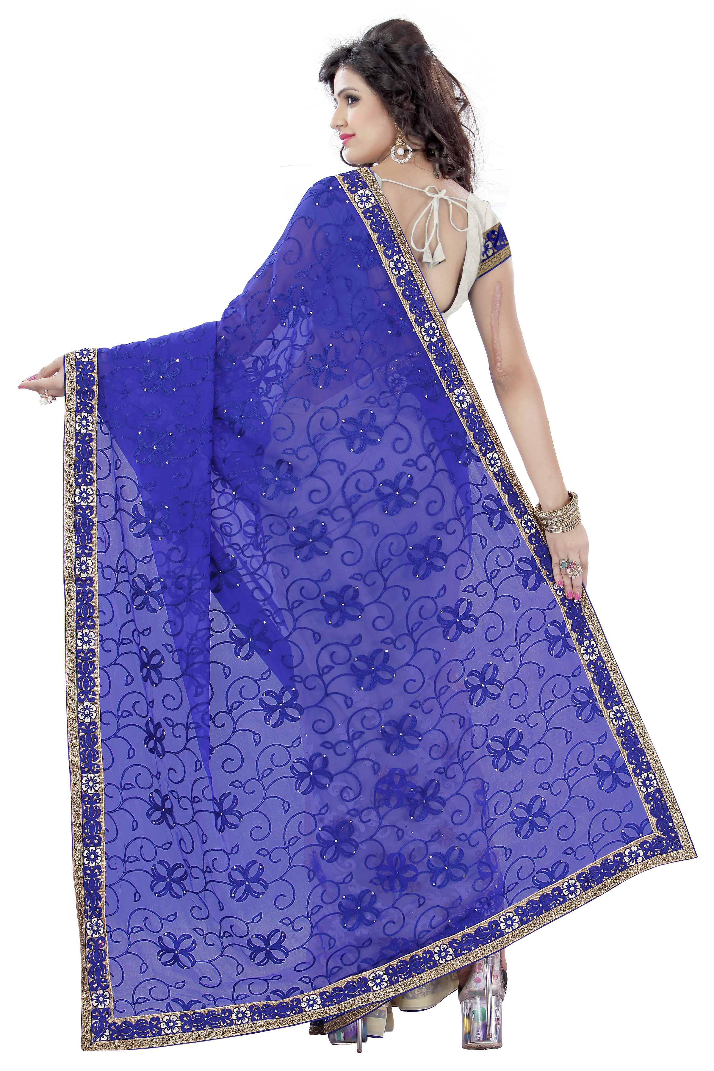 Blue And Beige Embroidered Sarees