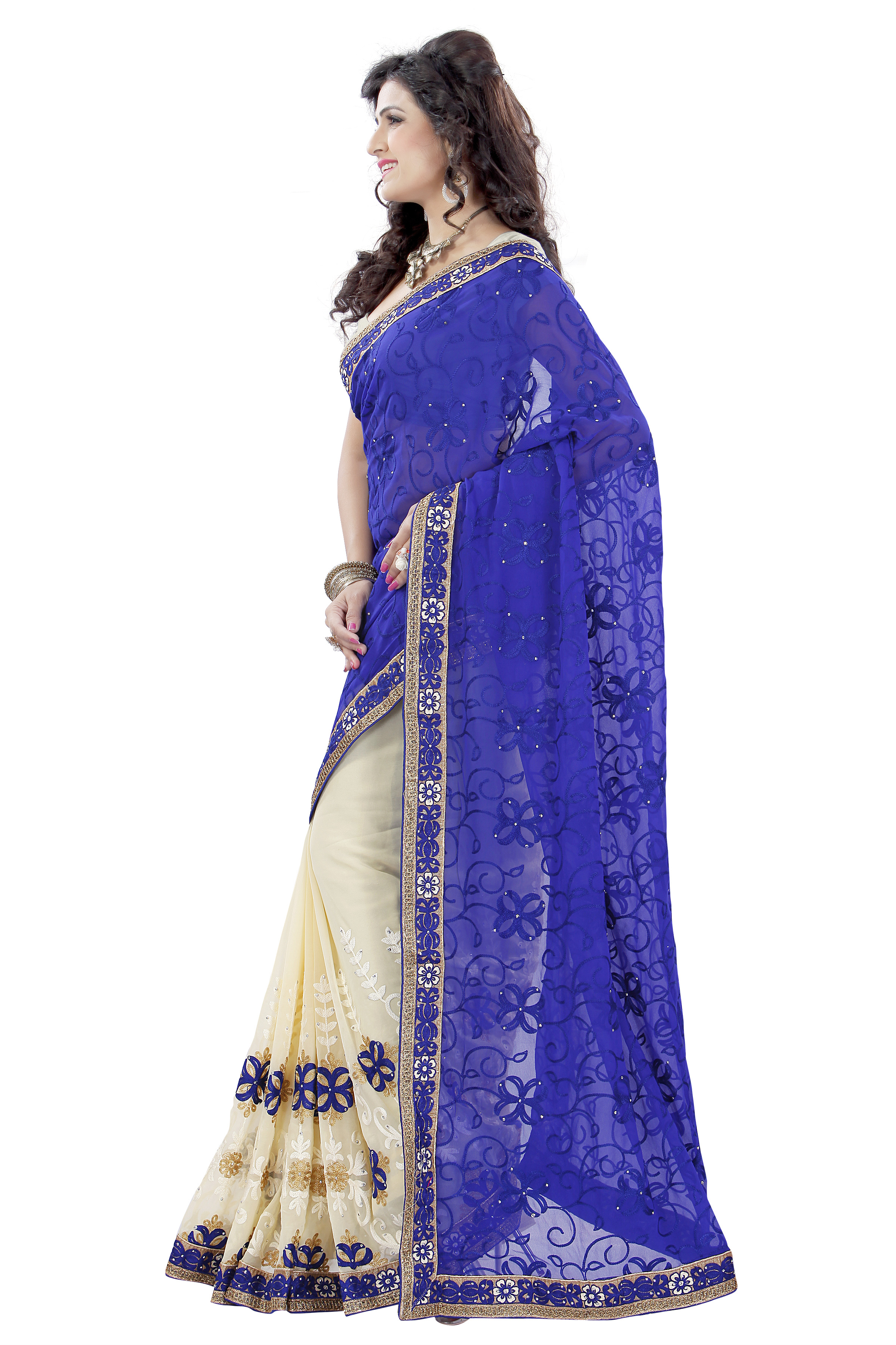 Blue And Beige Embroidered Sarees