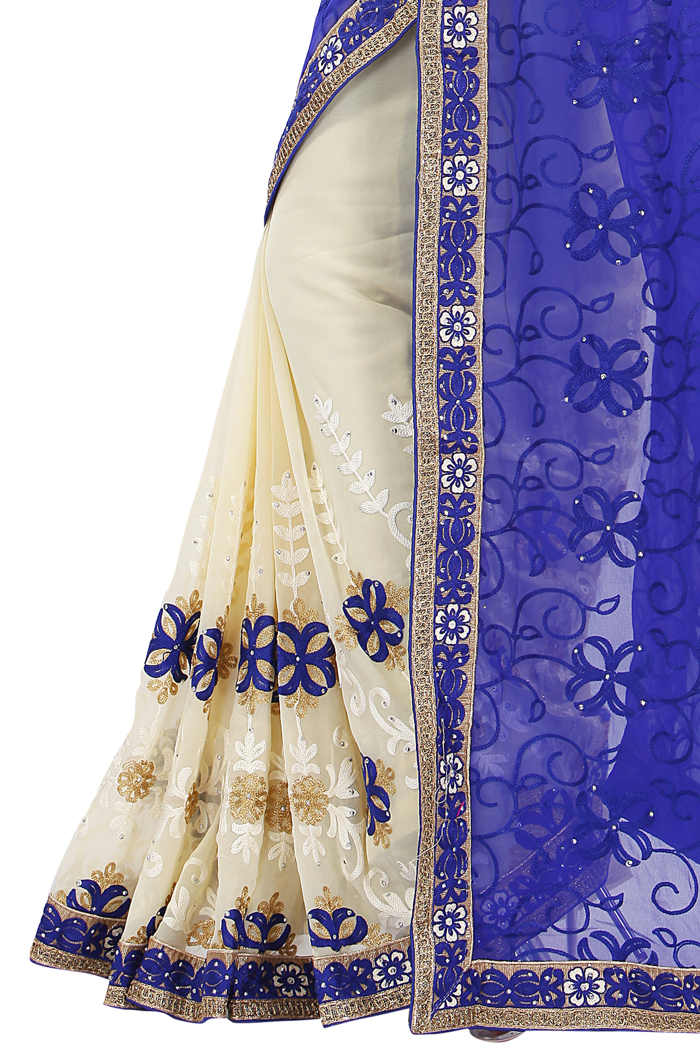 Blue And Beige Embroidered Sarees