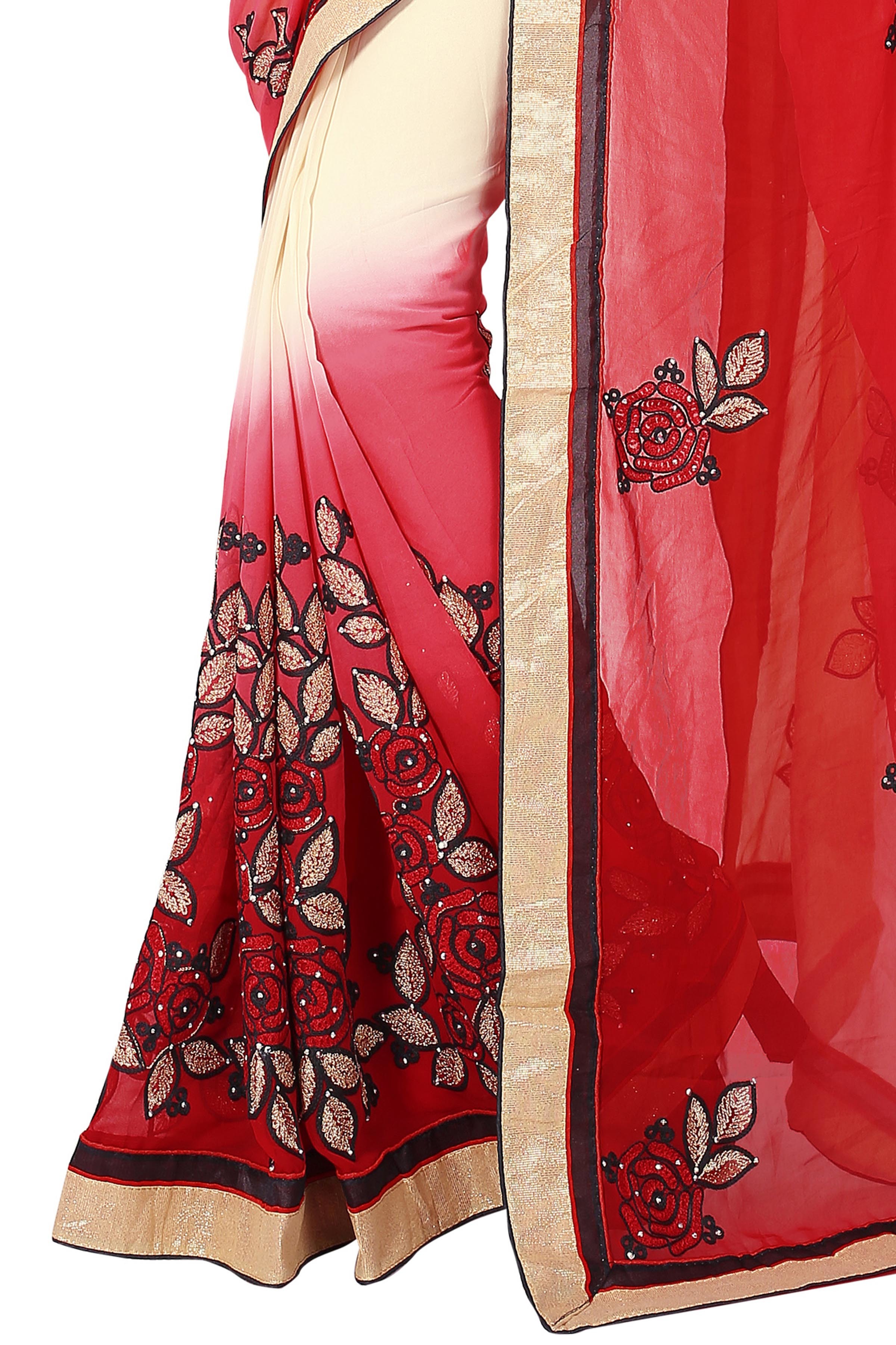 Red And Beige Embroidered Saree