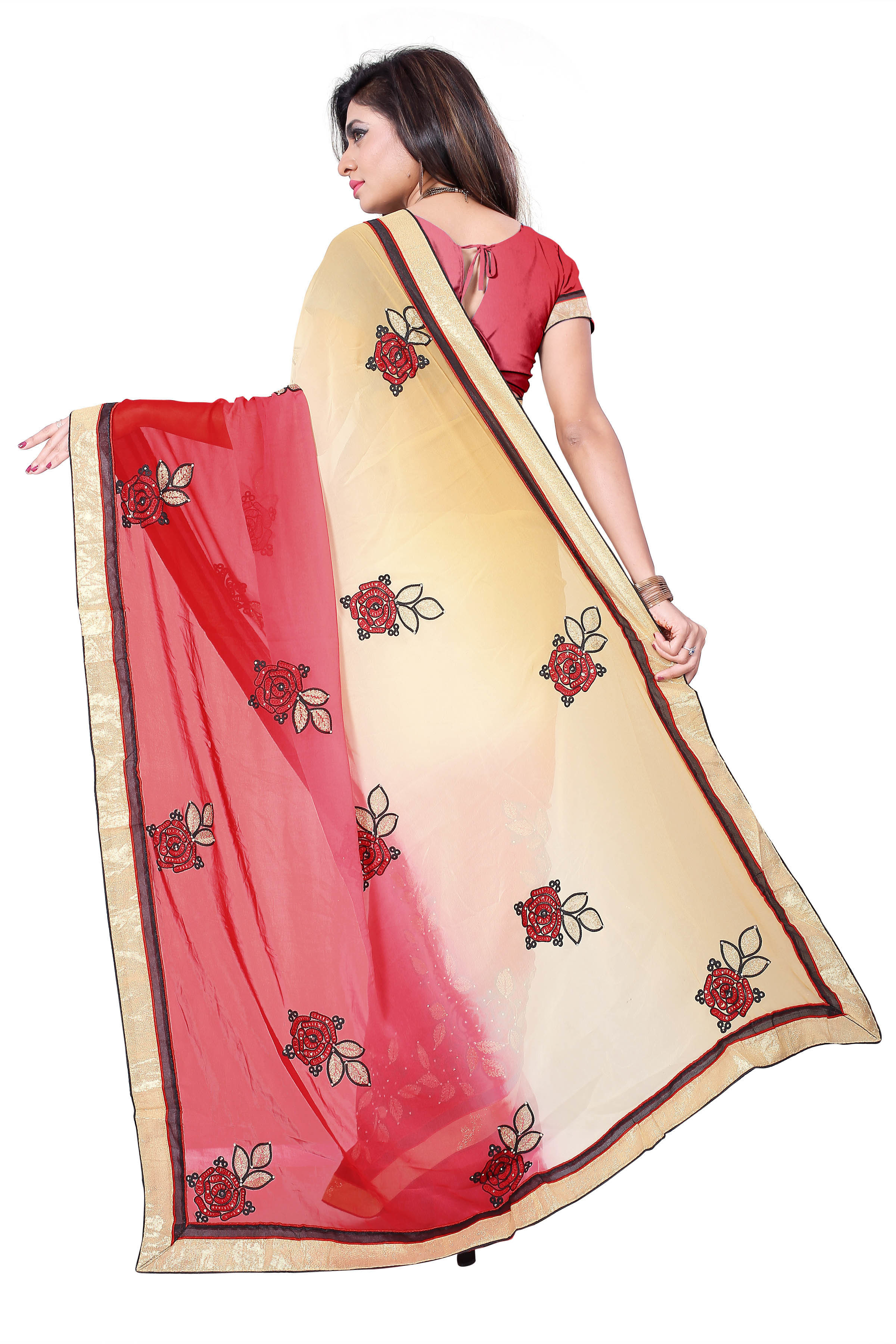 Red And Beige Embroidered Saree