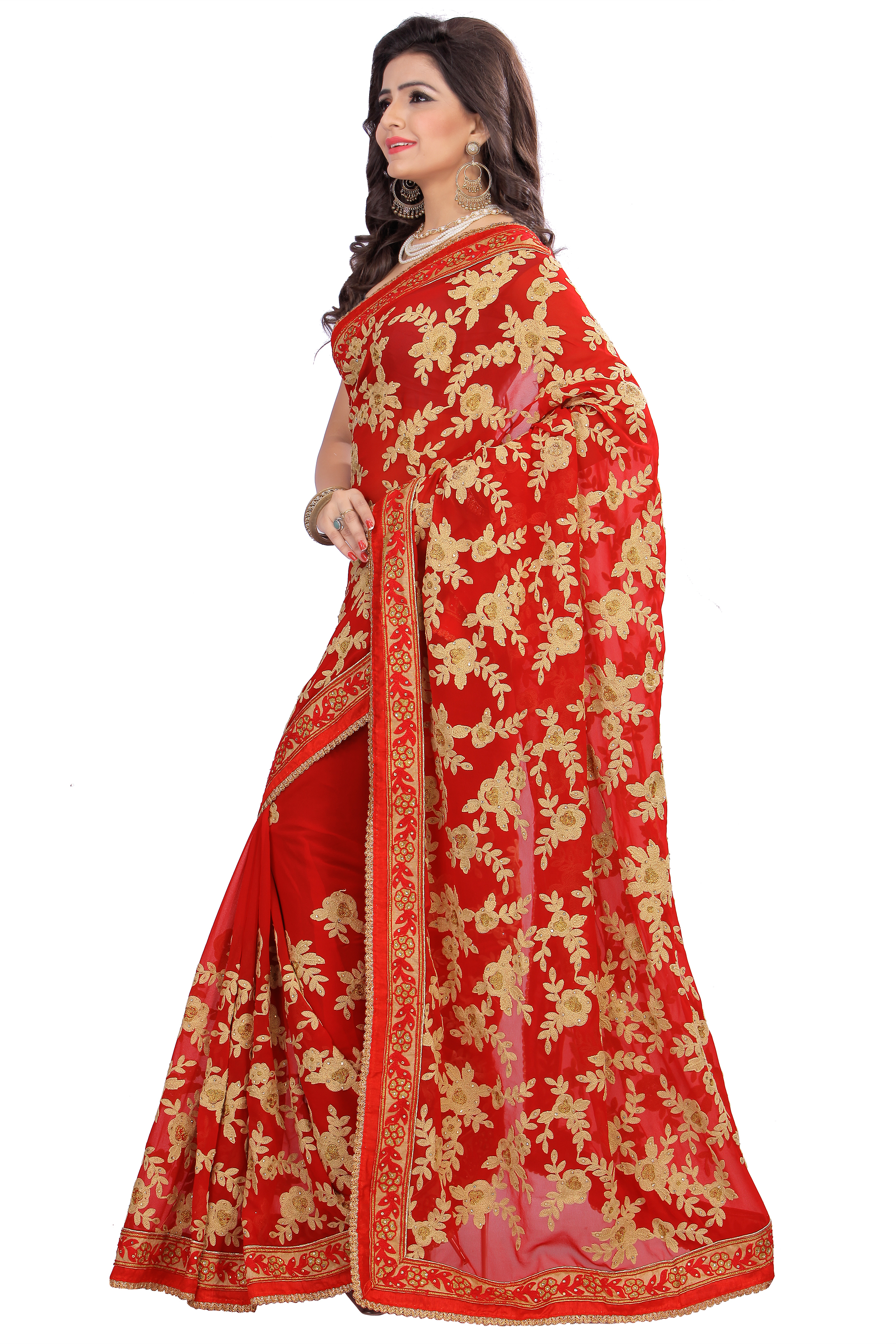 Georgette Fancy Red Embroidered Saree