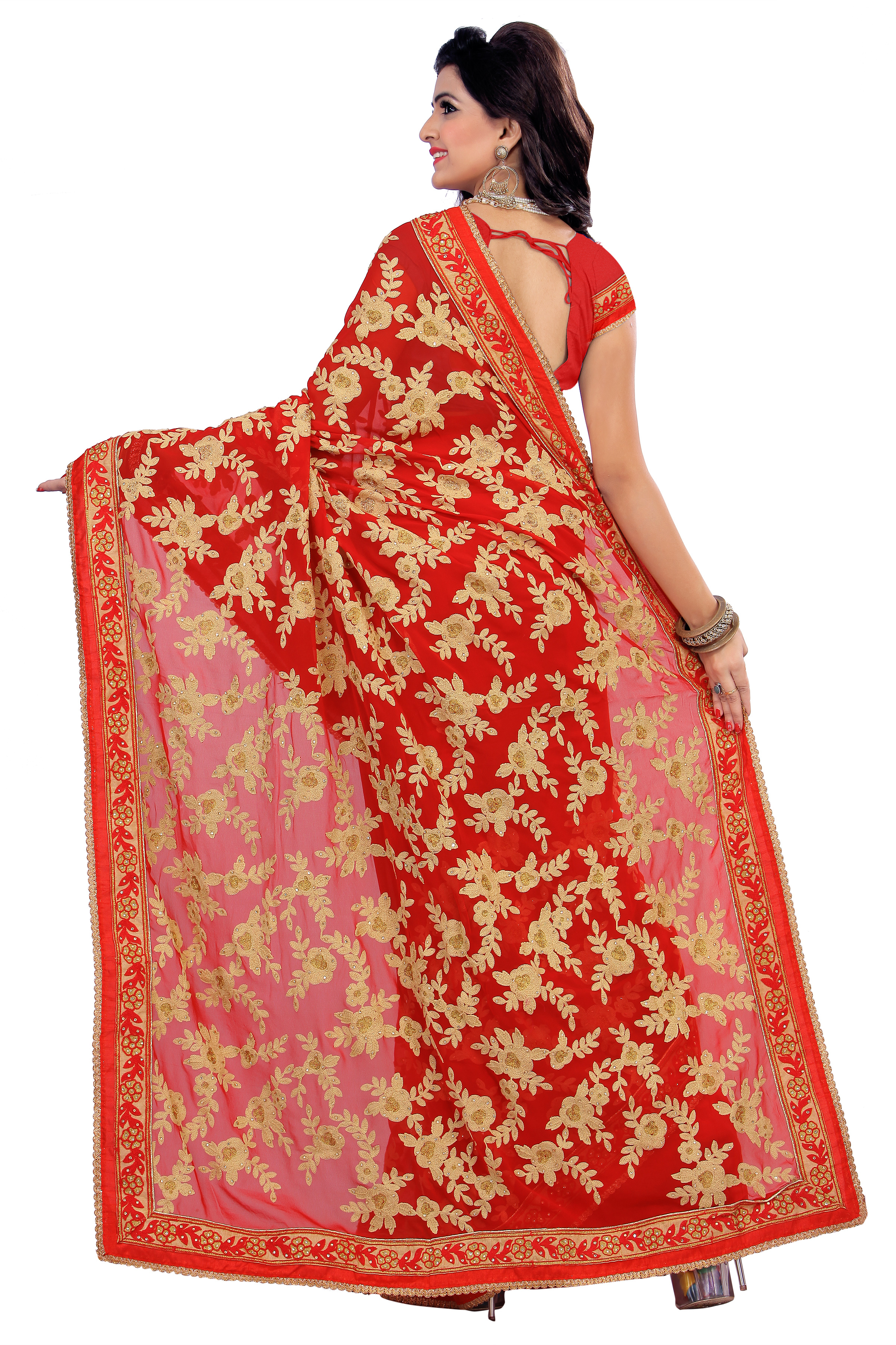 Georgette Fancy Red Embroidered Saree