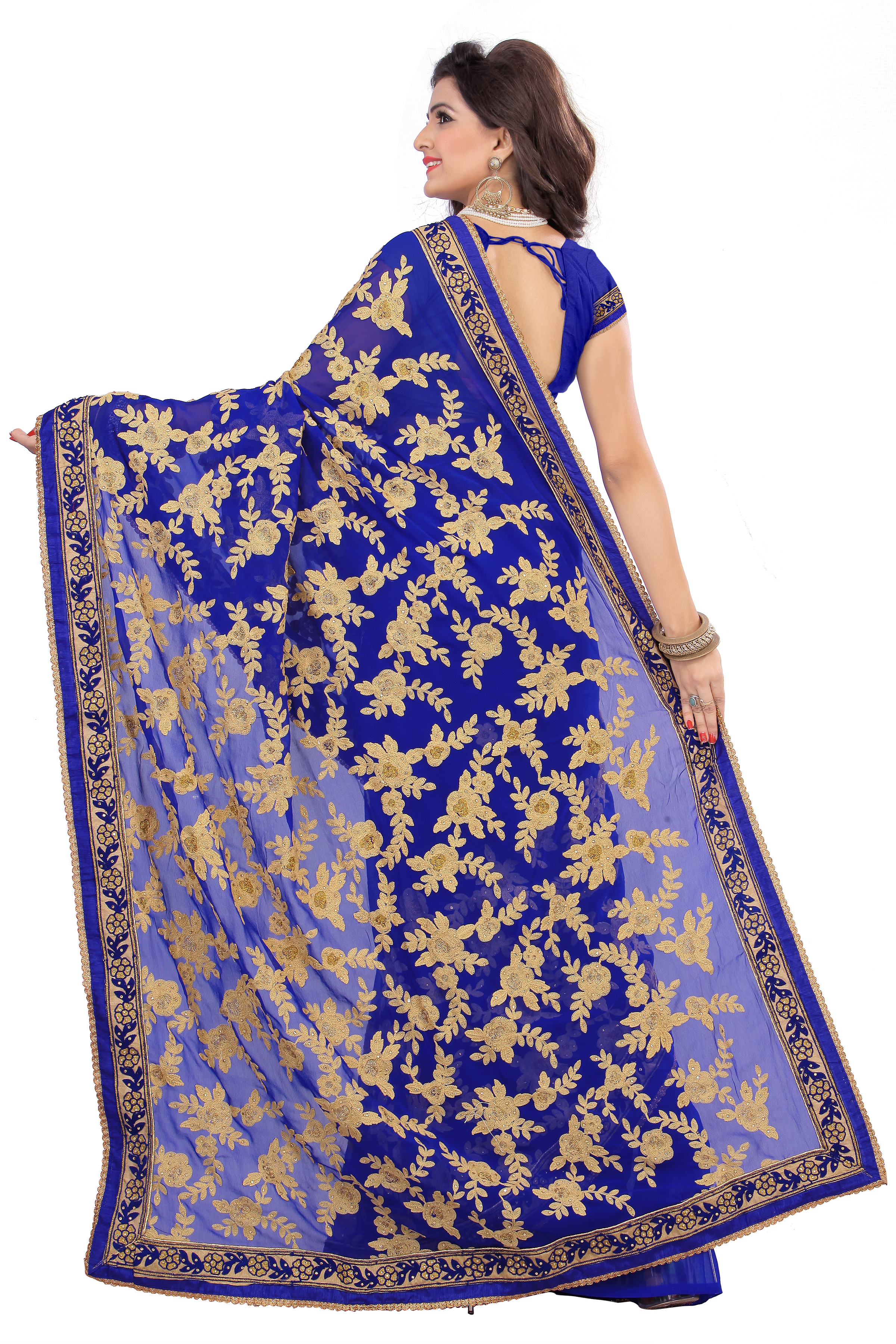 Georgette Heavy Embroidered Blue Saree