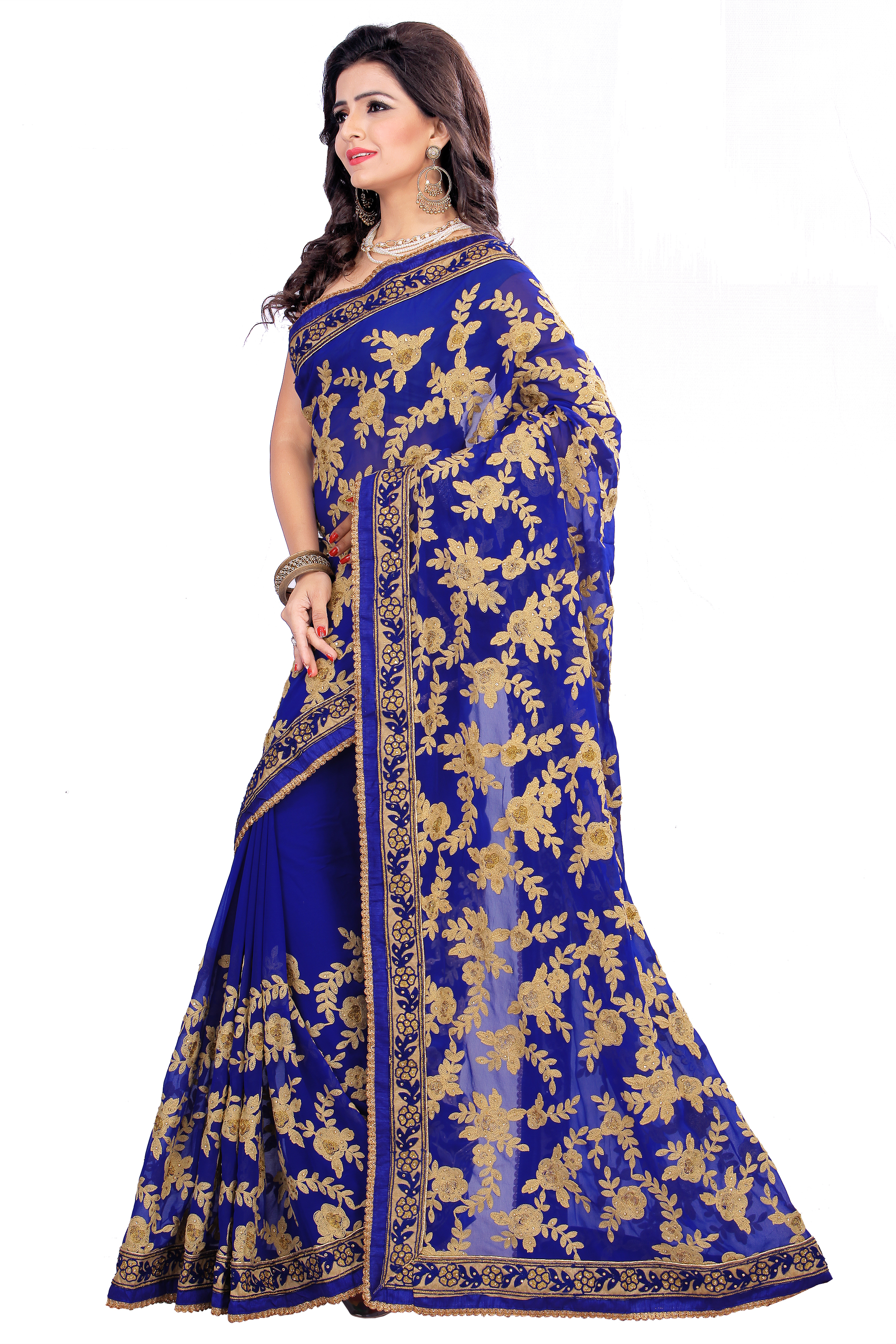 Georgette Heavy Embroidered Blue Saree