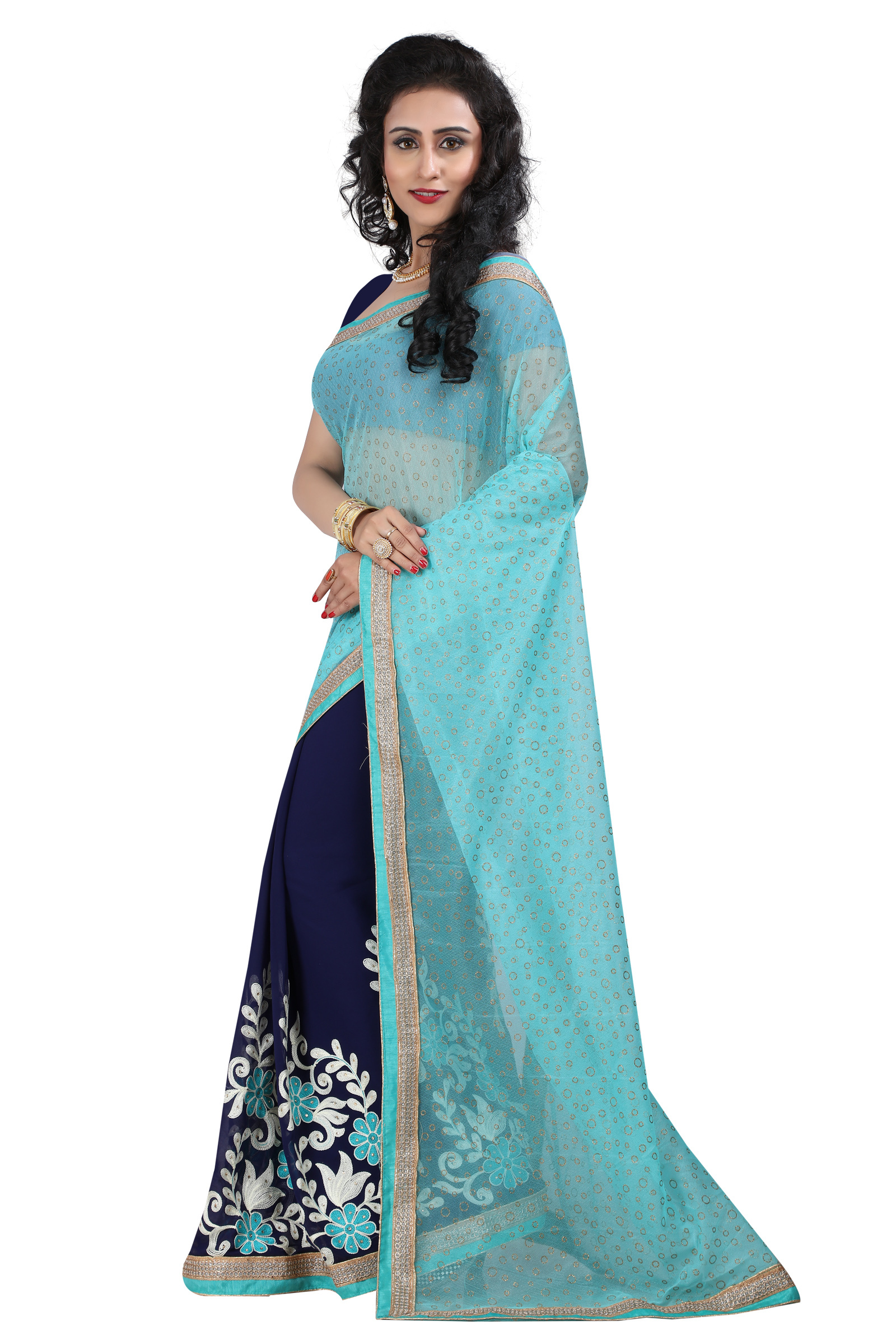 Georgette Designer Skyblue And Navyblue Saree