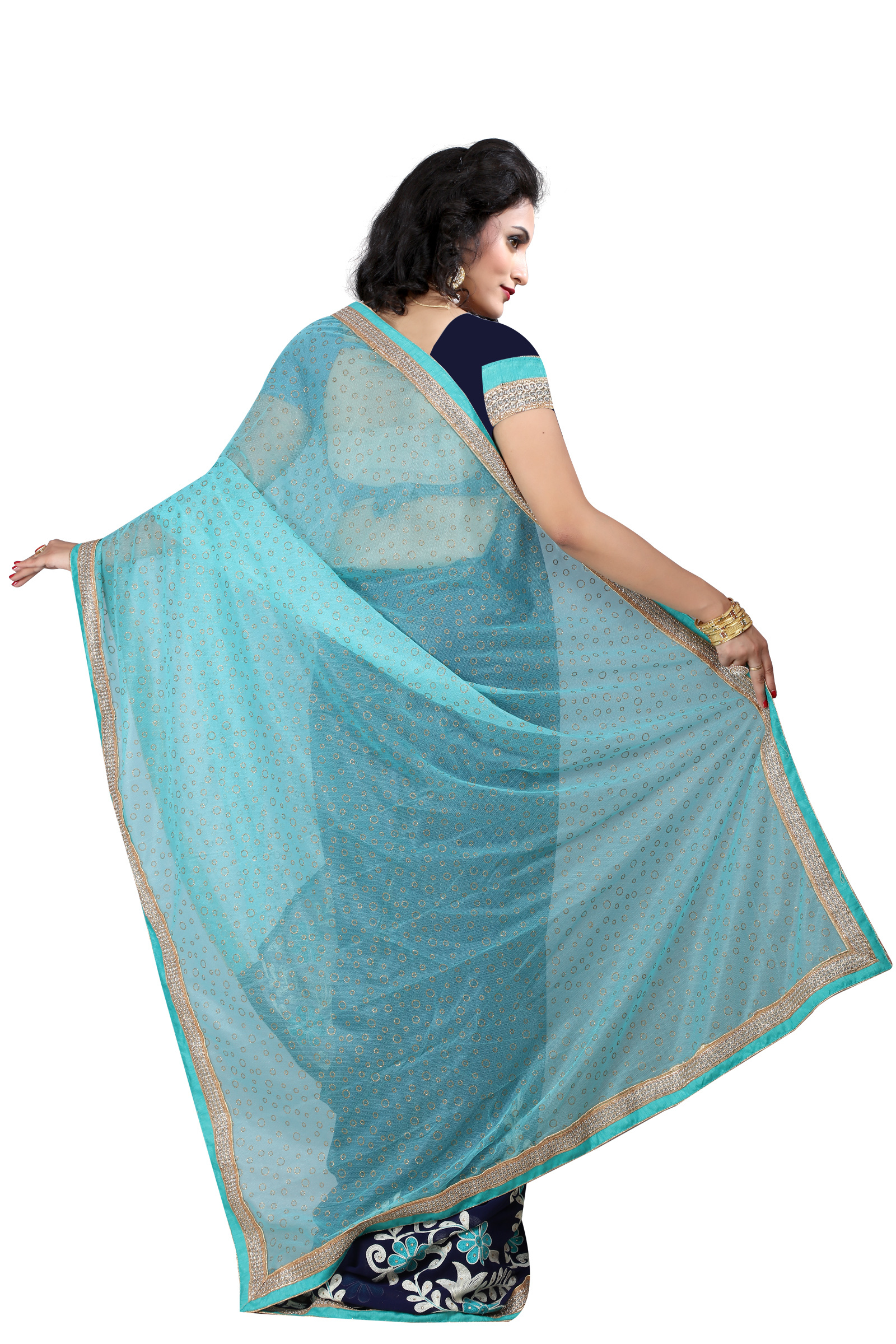 Georgette Designer Skyblue And Navyblue Saree