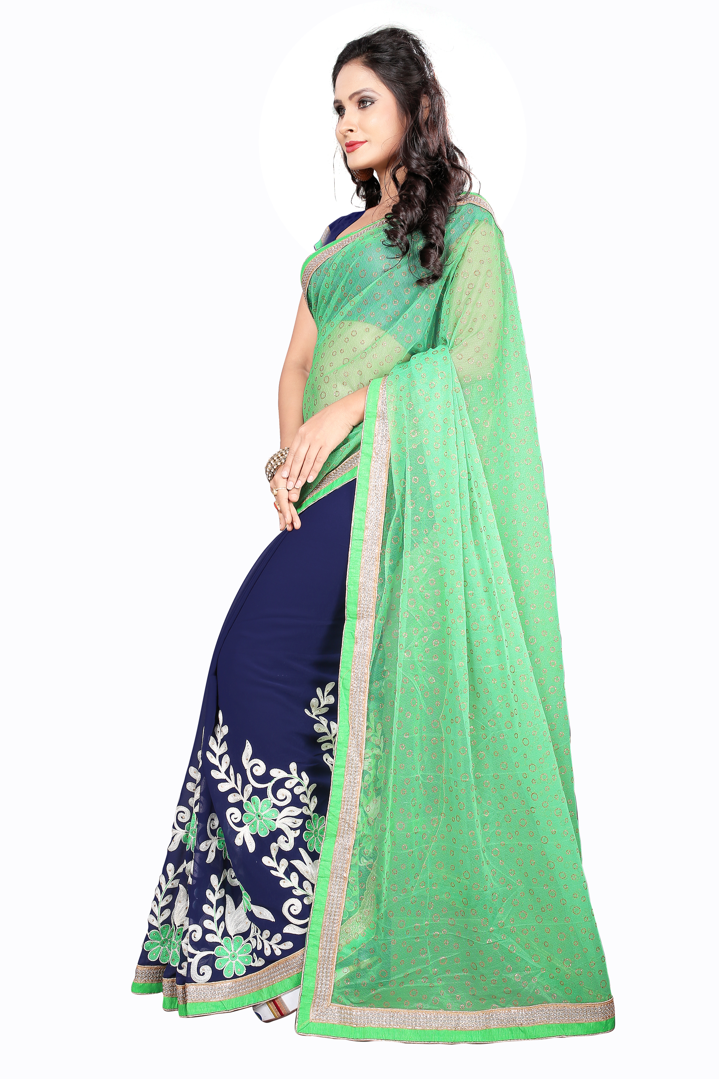 Georgette Designer Green And Navyblue Saree