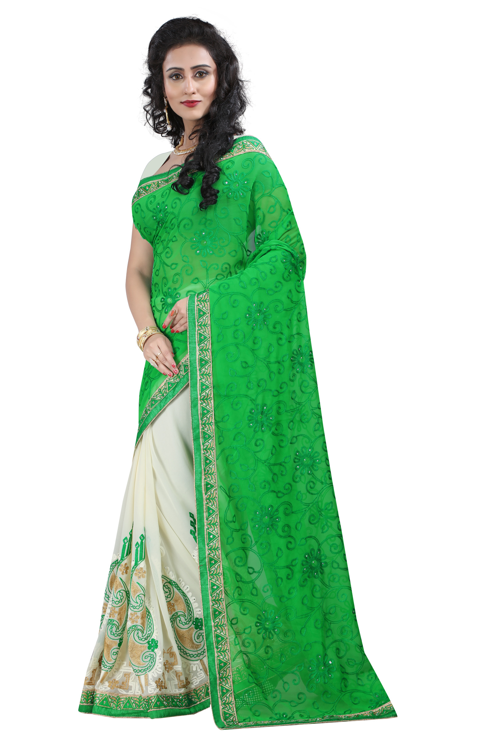 Georgette Half-half Saree - 5.5 M Green & Beige | Embroidered Blouse 0.8 M, Party Wear, Festival Wear