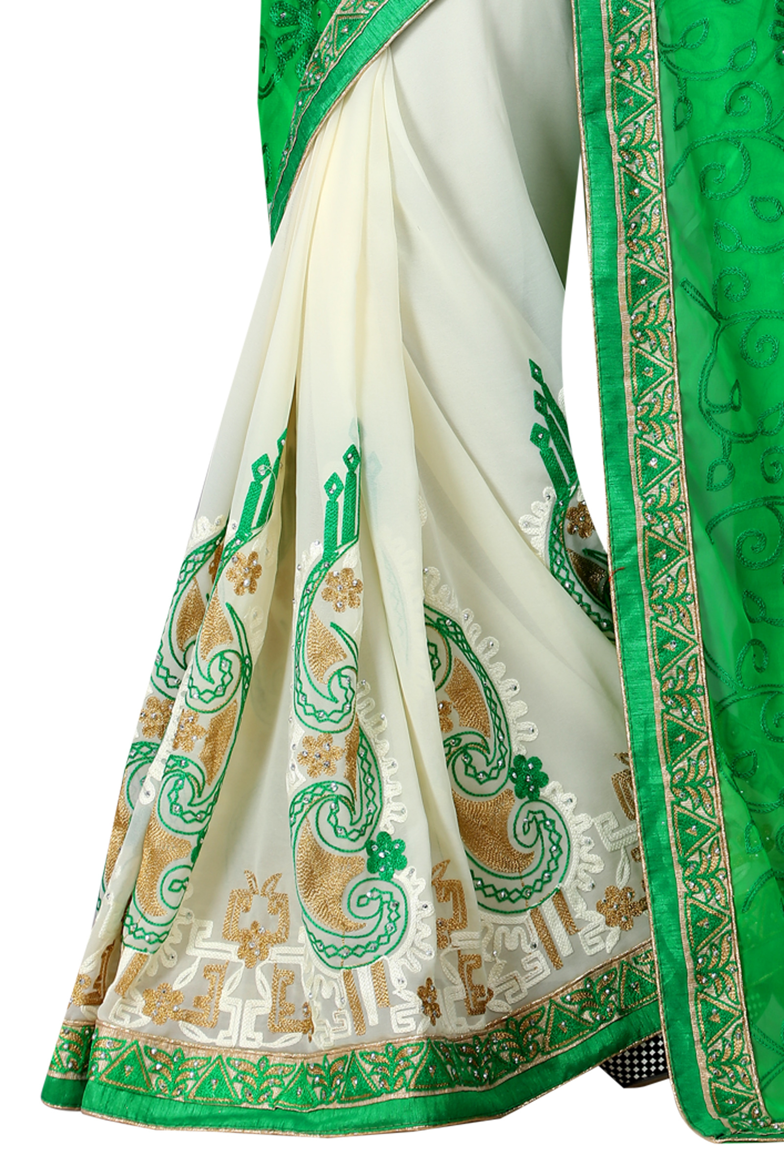 Georgette Half-half Saree - 5.5 M Green & Beige | Embroidered Blouse 0.8 M, Party Wear, Festival Wear