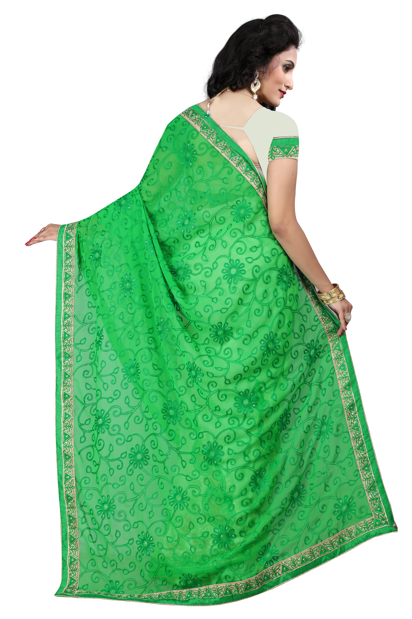 Georgette Half-half Saree - 5.5 M Green & Beige | Embroidered Blouse 0.8 M, Party Wear, Festival Wear