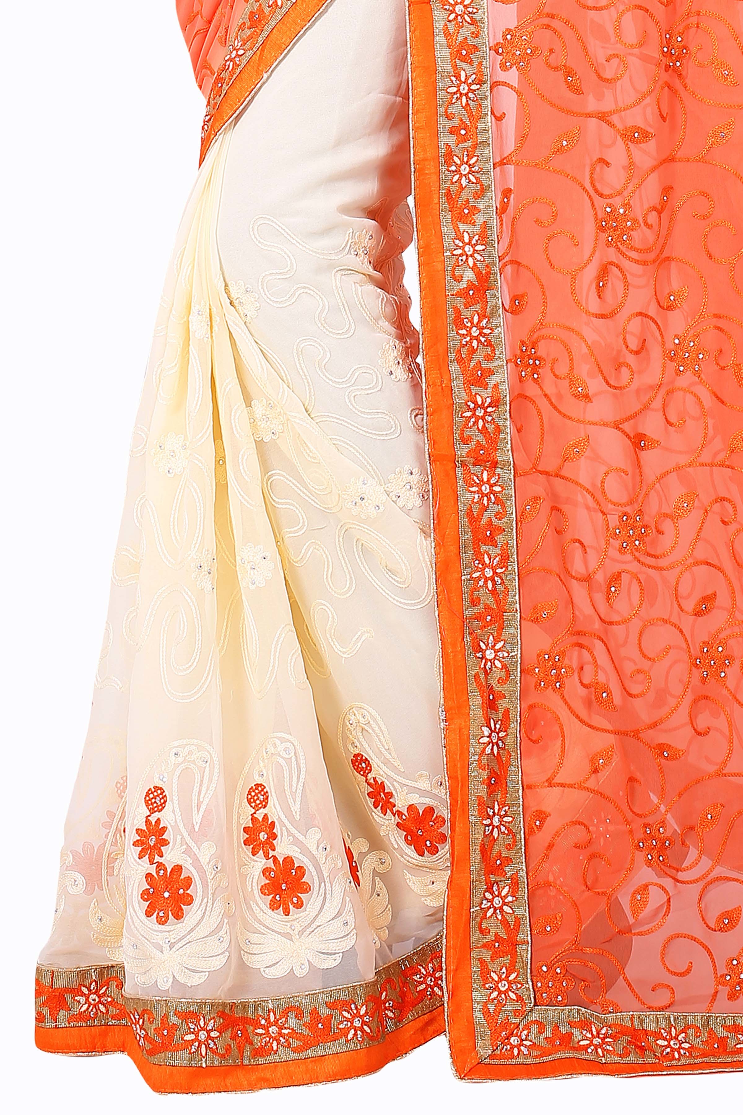Half-half Saree - Georgette, 5.5m Length, Orange & Beige Colors | Embroidered Design, Party & Festival Wear