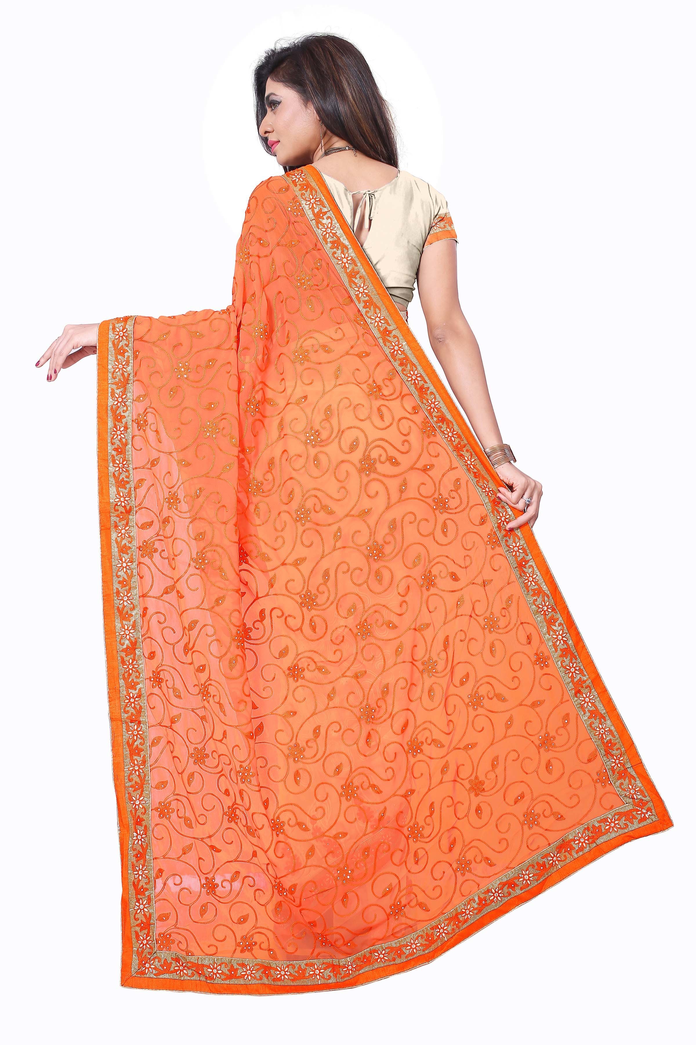 Half-half Saree - Georgette, 5.5m Length, Orange & Beige Colors | Embroidered Design, Party & Festival Wear
