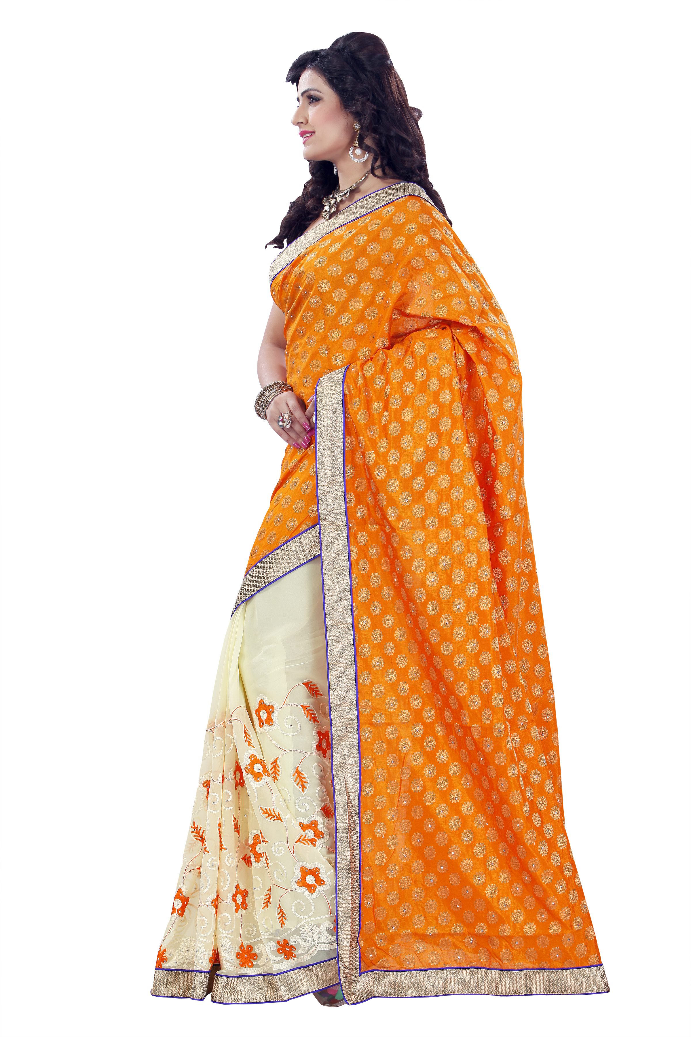 Orange And Beige Stone Work Saree
