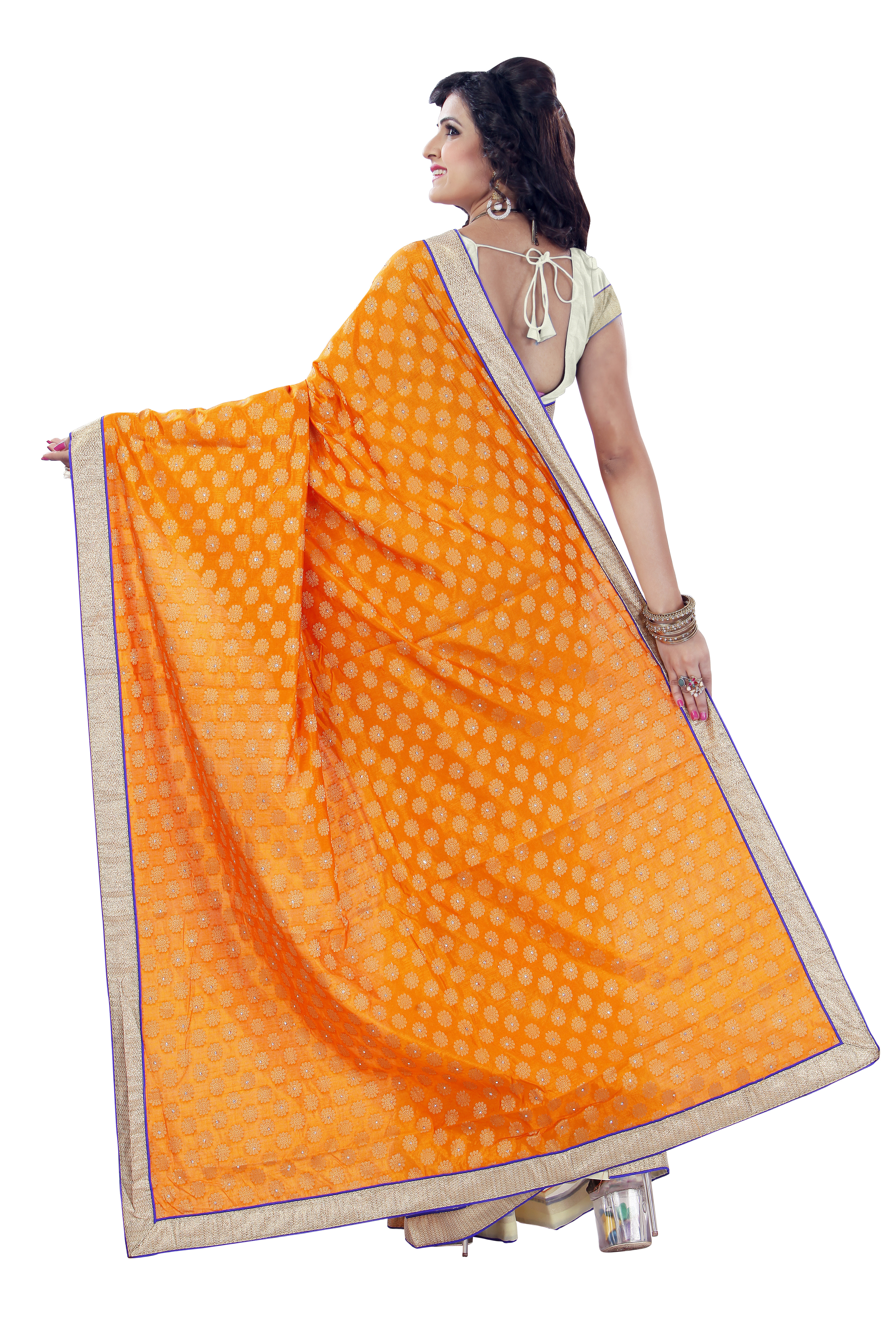 Orange And Beige Stone Work Saree