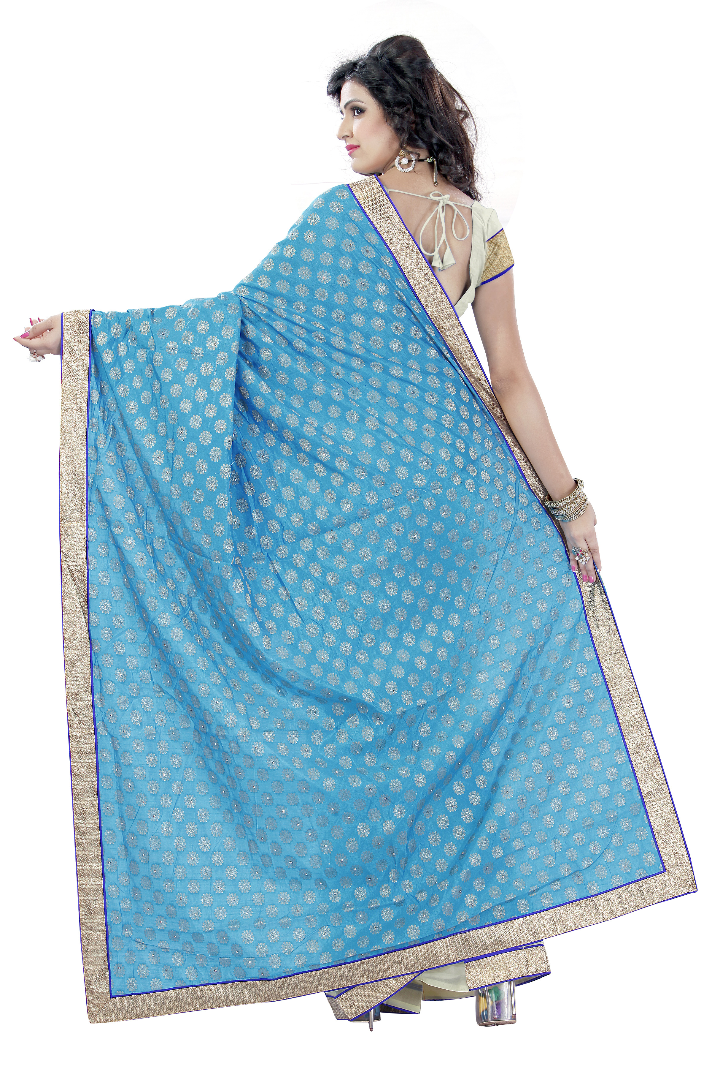 Georgette Half-half Saree - 5.5 M Sky Blue & Beige | Embroidered Blouse, Party Wear, Festival Wear