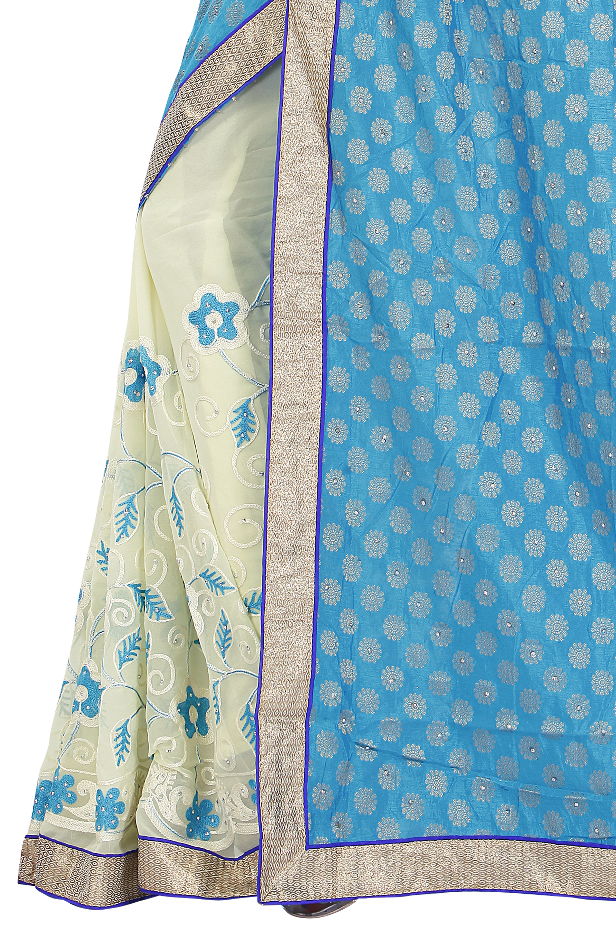 Georgette Half-half Saree - 5.5 M Sky Blue & Beige | Embroidered Blouse, Party Wear, Festival Wear