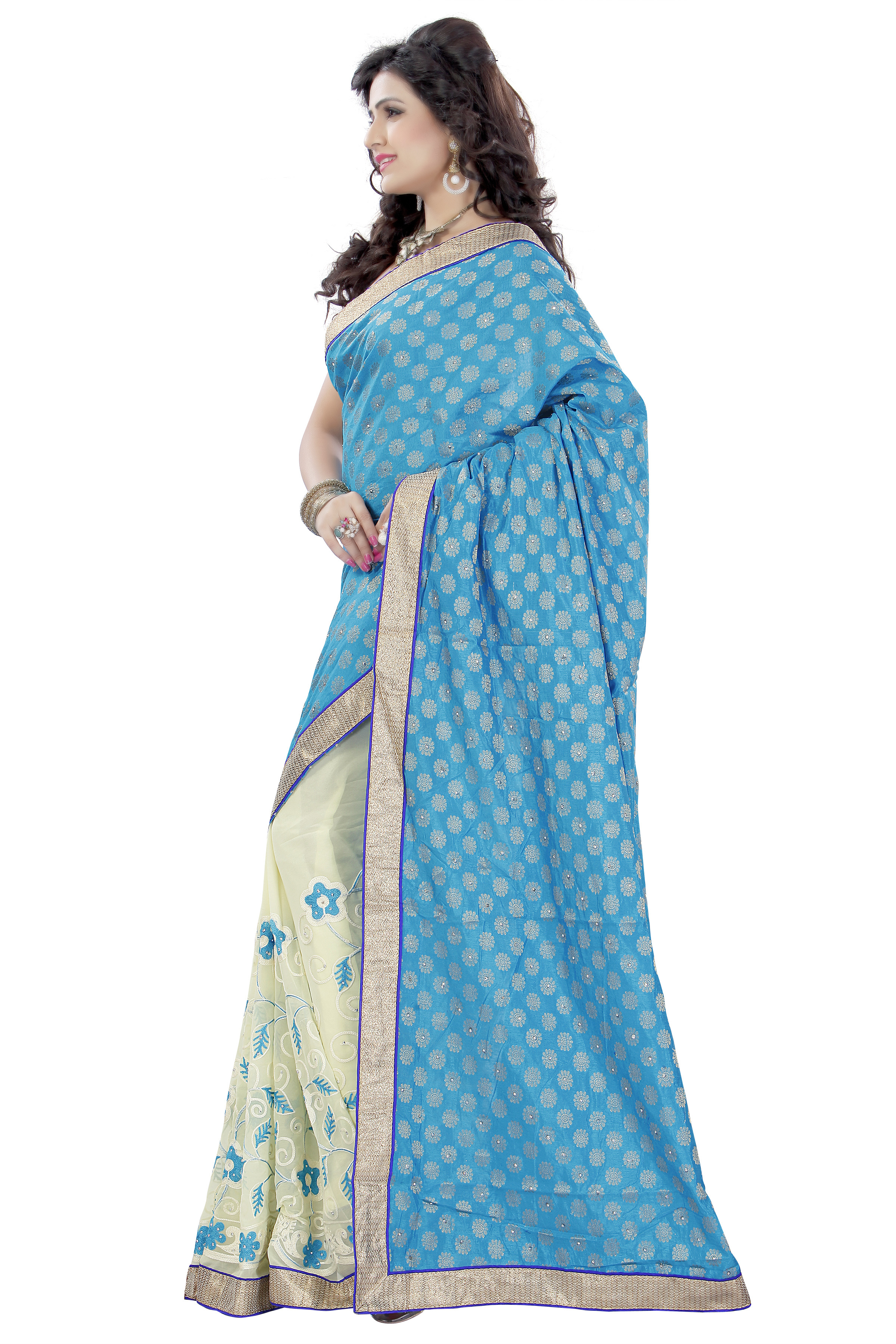 Georgette Half-half Saree - 5.5 M Sky Blue & Beige | Embroidered Blouse, Party Wear, Festival Wear