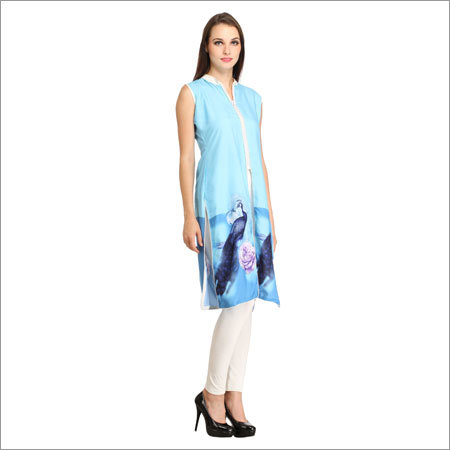 Fancy Kurtis - Cotton, 44 Inch, Light Blue | Stylish Design, Comfortable Fit, Mandarin Collar, Sleeveless