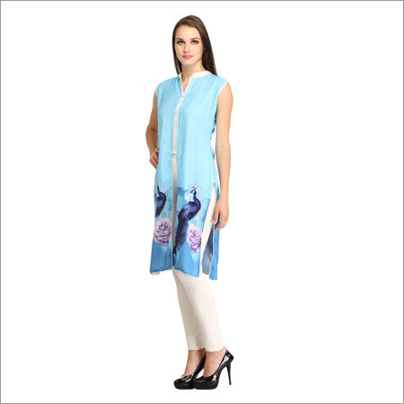 Fancy Kurtis - Cotton, 44 Inch, Light Blue | Stylish Design, Comfortable Fit, Mandarin Collar, Sleeveless