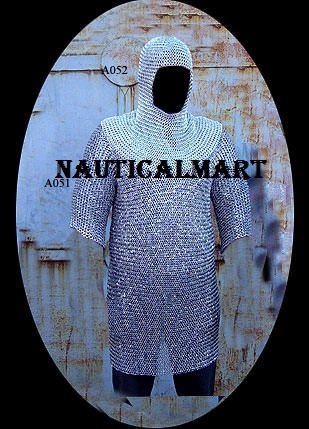 Chain Mail Hauberk Shirt With Head Coif Knight Armor
