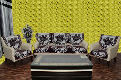 Chenille Sofa Cover Rangoli - Chenille, Single Seater (69x59x1 CM) & 3 Seater (69x177x1 CM), Wine Color, Printed Pattern, Machine Made